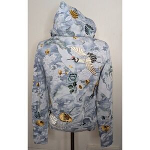 VTG Y2K Rare Premium Lucky Brand Sz M Zip Hoodie Japanese Crane Embroidered Blue